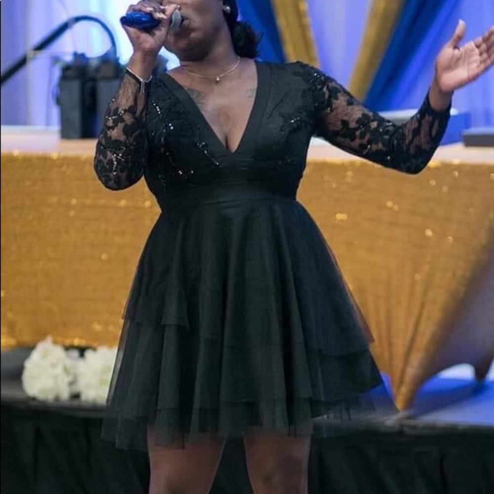 Black cocktail long sleeve sheer dress